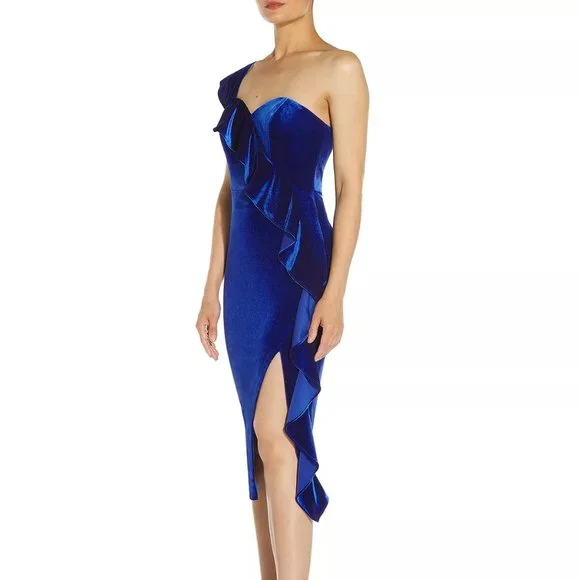 Aidan by Aidan Mattox | Dresses | Aidan By Aidan Mattox Ruffled Oneshoulder  Velvet Dress Deep Ocean Size | Poshmark